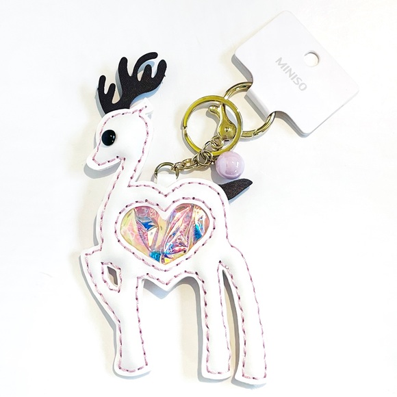 Miniso Cute Deer Bag Charm Heart Glitter Confetti Sequins Pink White Keychain - Picture 1 of 12